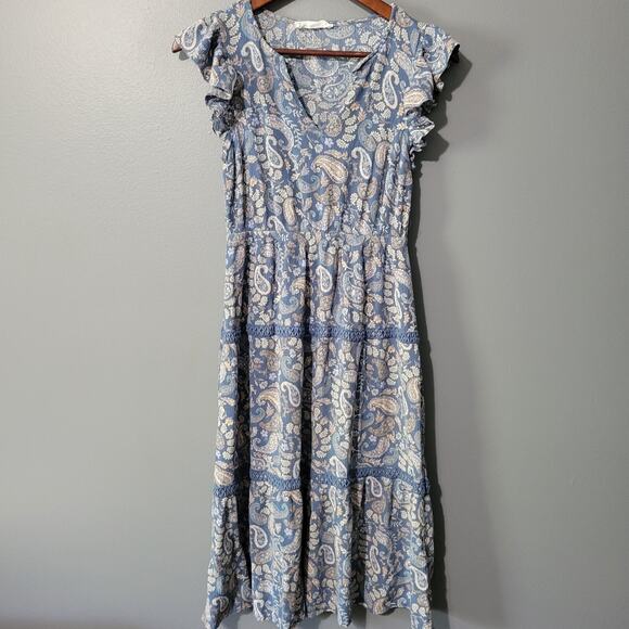 Lucky Brand Dresses & Skirts - Lucky Brand Tiered Boho Dress Size S Flutter Sleeve Paisley Scandi Peasant Blue